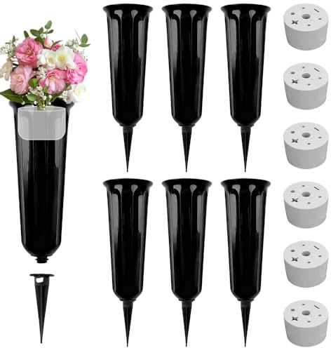6 jarrones de tumba con estaca, macetas de tumba desmontables, jarrones conmemorativos para tumbas, soportes de plástico con base, adornos de tumba para flores frescas o artificiales, color negro