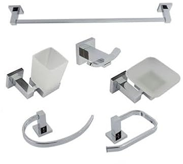 Set Accessori Bagno Moderno 6 Pezzi in Acciaio Inox Cromato - Kit Completo da Parete con Porta Asciugamani, Porta Rotolo, Porta Sapone, Bicchiere e Gancio Accappatoio - Design Squadrato