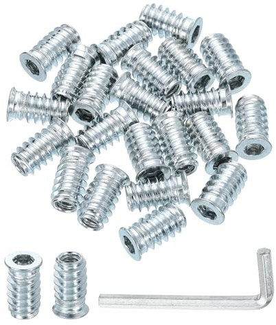 QUARKZMAN 50pcs Inserts d'Écrou UNC1/4-20 à Entraînement Hexagonal, Insert Fileté pour Bois 20mm, Goujons Filetés en Acier au Carbone, Connecteur de Fixation Écrou à Visser avec Clé, Argenté
