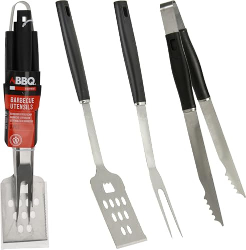 Set Ustensiles Barbecue 3 Pièces en Acier Inoxydable – Spatule, Pince et Fourchette – Accessoires BBQ (Manche PP Noir)