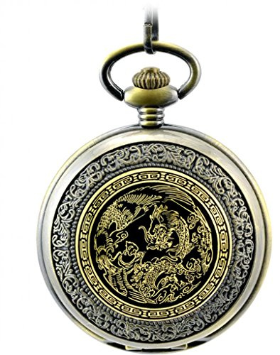 Unendlich U Orologio da tasca meccanico da uomo, con drago, totem, orologio da tasca per uomini e donne, orologio da tasca meccanico in bronzo, numeri romani, quadrante bianco, con catena lunga e