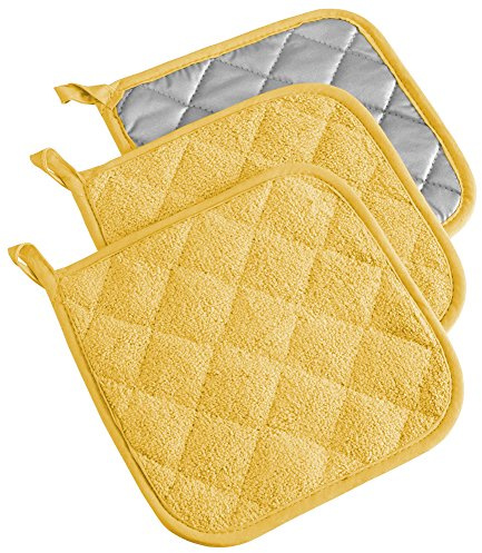 DII Basic Terry Collection Quilted 100% Cotton, Potholder, Yellow, 3 Piece