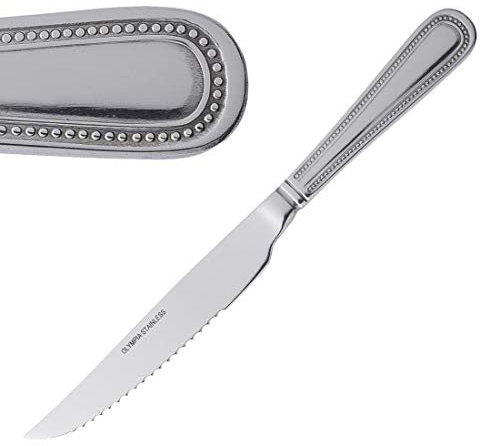 Olympia Bead Couteau à viande (lot de 12), en acier inoxydable poli, taille : 225 (L) mm, lame dentelée, couteaux de table, passe au lave-vaisselle, usage professionnel et domestique, DL102