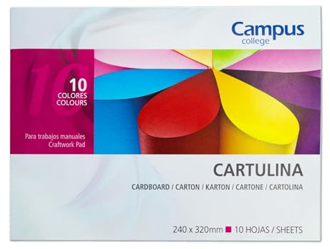 Campus – Bloc de Cartulinas de Colores para Manualidaes, Cuadernillo de 10 Hojas, 10 Colores vivos, Papel Multicolor de 185g para Manualidades Tamaño Folio (240 x 320 mm)