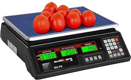Steinberg Systems Kontrollwaage Marktwaage Obstwaage SBS-PW-352B (bis 35 kg, Genauigkeit 2 g, LCD-Display, Akku bis 40 Std. Betrieb, versch. Funktionen) Schwarz