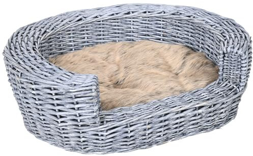 pawhut Wicker Pet Bed Willow Dog Cat Sofa Couch Puppy Basket with Cushion Grey 57L x 46W x 17.5H cm