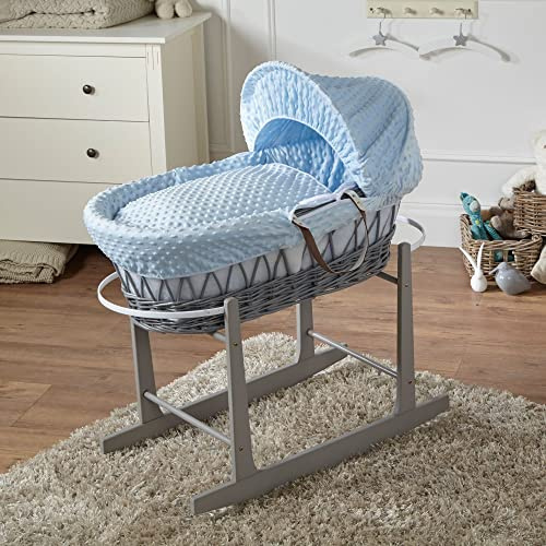 For Your Little One Blue Dimple Grey Wicker Moses Basket with Grey Rocking Stand