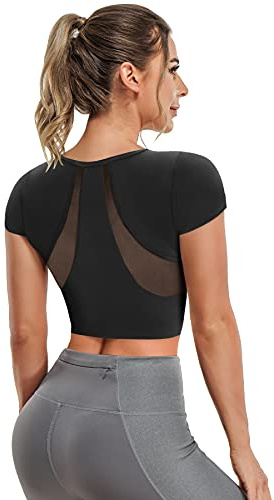 T-Shirt de Sport Femme Top de Yoga Débardeur Sport à Manche Courte en Maille avec Soutien-Gorge intégré pour Gym Fitness (Noir, L)