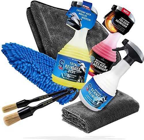 Motorcykel rengöring & torkning bunt – Dr. Wack S100 Total Cleaner Quick Cleaner Fälgrengöring Detaljerad torrduk & 2 x rengöringspenslar tvätthandske och polerduk