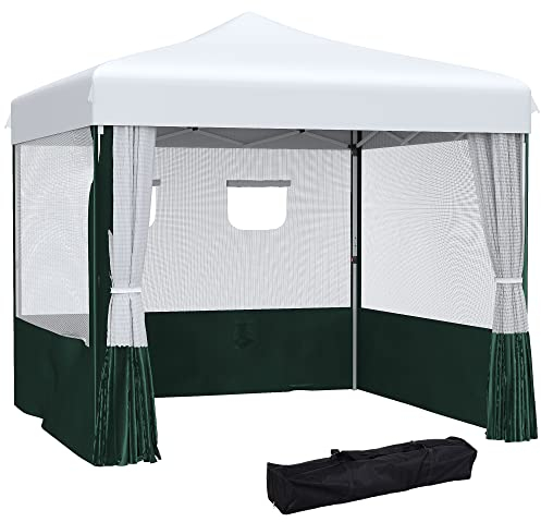 Outsunny Carpa Plegable 3x3 m Cenador de Jardín con Paredes Laterales Altura Ajustable Anti-UV Impermeable 2 Ventanas y Bolsa de Transporte Gazebo para Exterior Fiestas Blanco y Verde