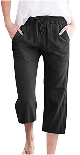 oglccg Womens Capris Trousers 3/4 Pants Cotton Linen Elastic High Waist Cropped Drawstring Summer Autumn Solid Color Pockets Loose Straight Wide Leg Outdoor Plus Size 8-18 Black 5XL