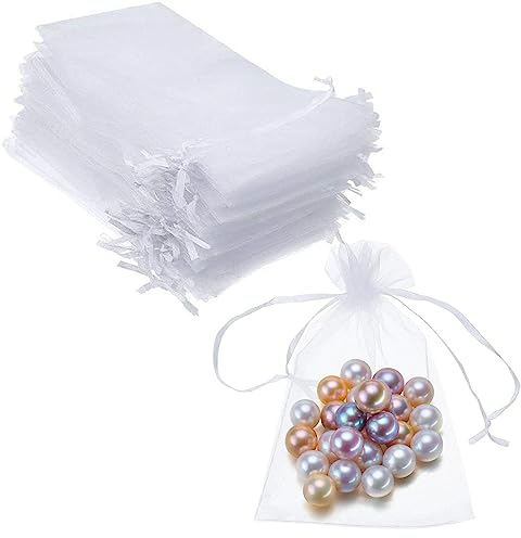100pezzi 10x15 CM Bianco sacchetti in organza, Sacchetti Regaloper in organza, per gioielli, matrimonio, caramelle, con cordoncino in raso, per festival, feste e matrimoni