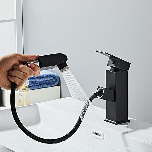 Sumeber Wasserhahn Bad mit herausziehbarer Schwarz Waschtischarmatur Hoch Badarmatur Waschbecken mit 2 Strahlarten Armaturen Edelstahl Waschtischarmatur für Badezimmer Schwarz Matt