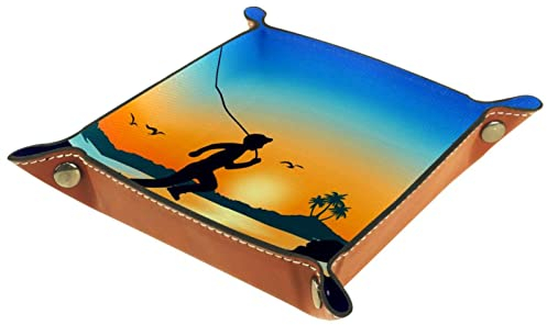 suojapuku Mann und Hund Strand Sonnenuntergang Ledertablett,Leder Tablett Taschenleerer Tablett für Aufbewahrungsschlüssel-Münzen-Schmuckuhr