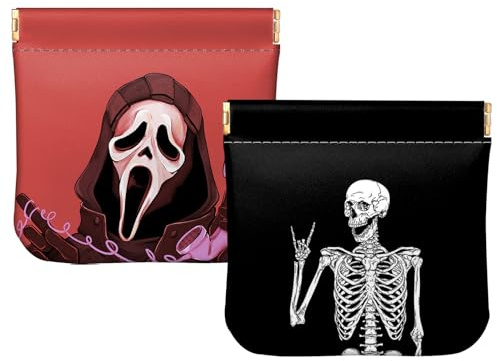 BHAHB 2 PCS Small Squeeze Coin Purse Pouch Soft PU Leather Mini Wallet Change Bag Cute Aesthetic for Women Girls Men-Skull