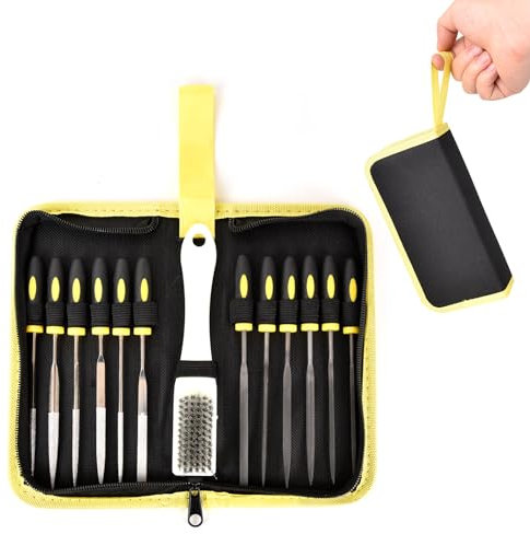 XAQISHIRE Juego de 13 limas de aguja, 6 limas de diamante y 6 juegos de limas de acero y cepillo de limpieza y estuche con asa, para trabajos de lijado de alta precisión en metal, madera, joyas y