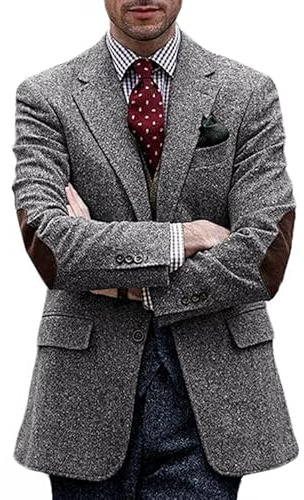 VENNYNG Mens Suit Jacket Two Buttons Vintage Short Trench Coat Blazer with Brown Elbow Patches