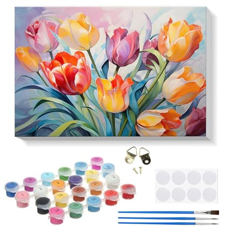 RICUVED Tulipán Pintar por Numeros Adultos Flor con Marco, DIY Cuadros para Pintar por Números con Caballete de Madera, Pintura Acrilica Manualidades Adultos Decoracion 20x30cm