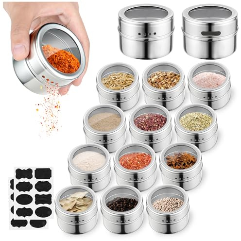 luqagol 12pcs Stainless Steel Spice Jars, Magnetic Condiment Tins Magnetic Spice Jar With Clear Lid And Holes Sift&Pour - Easy To Clean