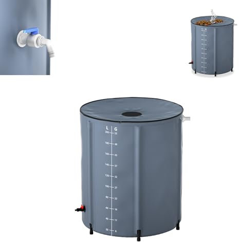 ACXIN Faltbare Regentonne 200L mit Skala in Milliliter & Gallonen, Matte PVC Regenwassertonne für Gartenbewässerung, eisbaden Tonne, Tonne mit Deckel, witterungsbeständiger Wassertank, Grau