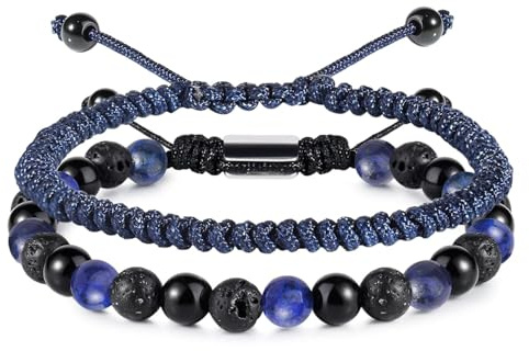 RIXERKOC Pulseras de Cuentas Negras para Hombre 6mm Obsidiana Ojo de Tigre Lava Pulseras Set Ajustable Hecho a Mano Pulsera de Piedra Natural Regalo de Cumpleaños Día del Padre (Azul)