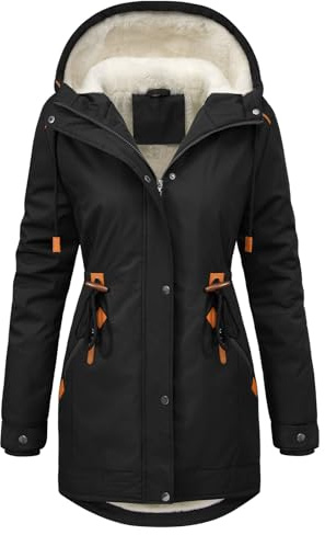 CMTOP Winterjacke Damen Warm Dicke Wintermantel Mittellang Fleece Gefütterte Parka Elegant Casual Outdoor Kapuzenmantel Herbst Winter Jacke Hoodie mit Reißverschluss, Kordelzug(Schwarz, XL)