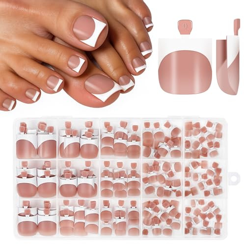 Kiiwah 150 Pezzi Unghie Finte Piedi Corte, 15 Misure French Quadrate Press on Nails Piedi Copertura Completa Artificiale Unghie Finte per Piedi Tip Unghie Piedi French per Donne