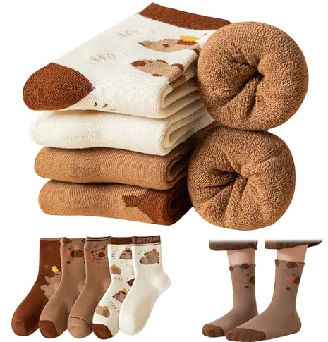 FOSDICK 5 Paires Capybara Chaussettes Enfant, Mignon Fantaisie Chaussette Enfant, Capybara Peluche Chaussette Sans Couture, Chaussettes Coton Épaisse Éponge pour Garçon Fille, Chausette Enfants, 26-32
