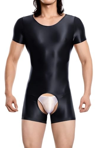 RuiChy Herren Glänzendes Body Kurzarm Fitness Overall Shiny Rundhals Einteiliges Nahtloses Leotard Wrestling Singlet Unitard Freizeit Trainings Playsuit Festival Rave Nachtwäsche(Schwarz/XL)