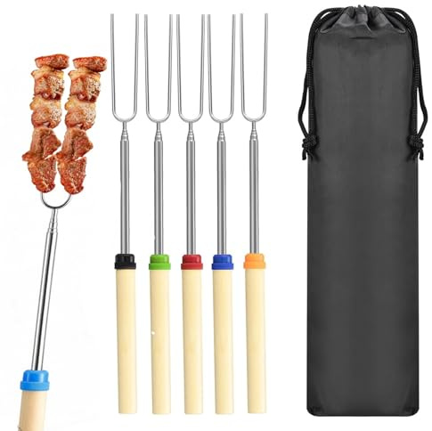 5 stycken brödspett i rostfritt stål med förvaringspåsar, pinnar, rostpinnar, grillspett, teleskop marshmallow, popcorn, grillbestickset för camping grill, grillstav 31–81 cm (färgglad-1)