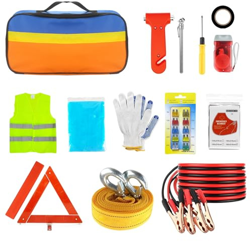 Seruno X 14 En 1 Kit Emergencia Coche, Kit De Herramientas De Emergencia para Coche, Cuerda De Remolque, Poncho De Lluvia, Manta, Etc. – Esenciales para La Seguridad En La Carretera