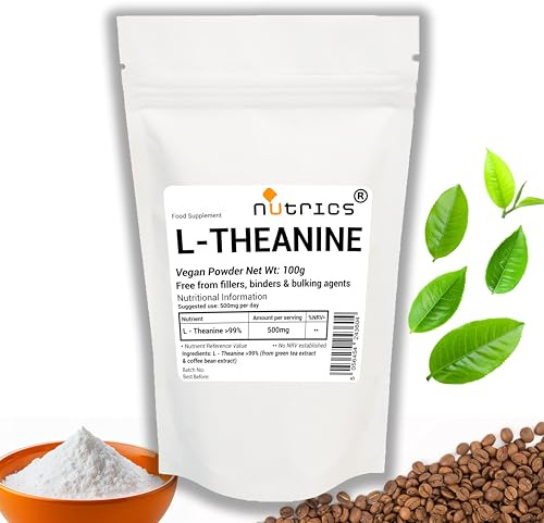 Nutrics® > 99% L-Theanine 100g Pure Vegan Powder, Free from Fillers, Binders & Bulking Agents, from Green Tea & Coffee Bean Extract