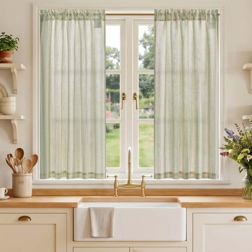 TOPICK Linen Look Kitchen Curtains, Cafe Curtains, W36 xL45 Green Striped | 2 Panels Rod Pocket Light Filtering Curtains, Half Window Curtain 2 Drapes for Bedroom, Living Room, Cupboard Base, Sink