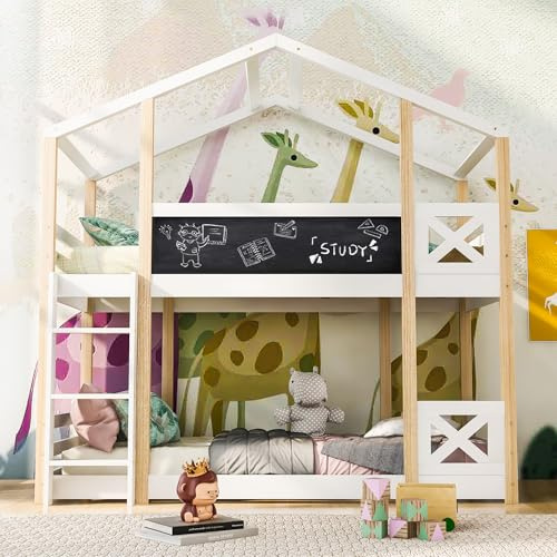 Yihomfy Lit Cabane pour Enfants 90x200, Lit Superposé/Lit Mezzanine 2 Places, Cabane d’Arbre avec Tableau Noir et Barrières de Protection Anti-Chute, Blanc.