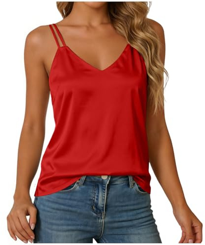 Camiseta Mujer cuello en V de verano para mujer Top de tirantes camisola sin mangas verano satén seda Camiseta Escote Sexy Ropa Oficina y Vacaciones Diario cómoda Ligera Transpirable Atractiva
