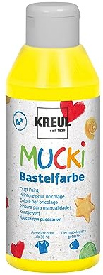 Kreul 24202 - Mucki peinture de bricolage pour enfants, 250 ml en jaune, peinture pour enfants à base d'eau, lavable, à peindre avec pinceau et éponge
