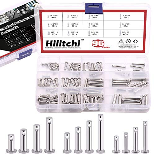 Hilitchi 96Pcs 12 Sizes 304 Stainless Steel Metric Clevis Pins Assortment Kit Link Hinge Pin Flat Head Fastener Pins M3 M4 M5 Assorted Sizes Set