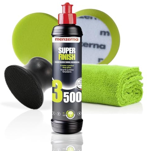 detailmate Menzerna - Set di finitura: Menzerna Super Finish 3500 + applicatore per lucidatura manuale Menzerna per tamponi 95 mm + Menzerna Finish Pad 95 mm verde panno in microfibra senza bordi