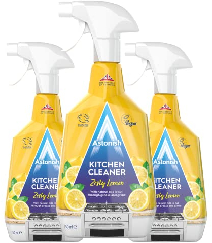 Astonish Zesty Lemon Scented Kitchen Cleaner 3 Pack - All Purpose Cleaning Solution Removes Grease, Grime, & Surface Stains - Cruelty Free Kitchen Grease And Multi Surface Cleaner - 750ml Spray Bottle