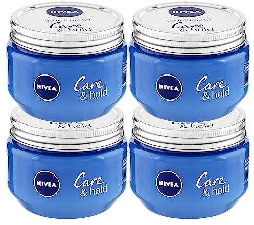 NIVEA Care & Hold Creme Styling Gel für Haare mit langem Halt Anti-Frizz Creme mit Vitamin B3 für kurze und mittlere Haare - 4 Dosen à 150 ml