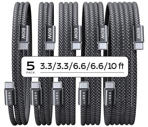 LISEN USB C to USB C Cable, 5-Pack [3.3/3.3/6.6/6.6/10FT] for iPhone 17 Charger Cord, 60W C to C Cable Fast Charging for iPad, iPhone 16 15 Pro Max, Galaxy S25/S24 USBC to USBC Cable Gifts for Men