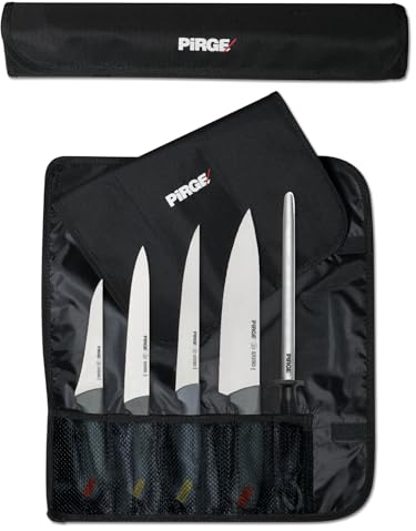 Pirge Gastro set coltelli da cucina professionali con borsa arrotolata 6 Pezzi - Coltello da chef - Coltello da carne - Coltello per disossare - Coltello da formaggio - Affilatura Acciaio