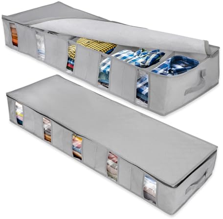 keilend Under Bed Storage 2 Pcs, Foldable Underbed Storage Boxes with Lids, Clothes Organiser Bags with 5 Transparent Windows for Clothes, Duvets, Blankets, Pillows, and Toys - Grey