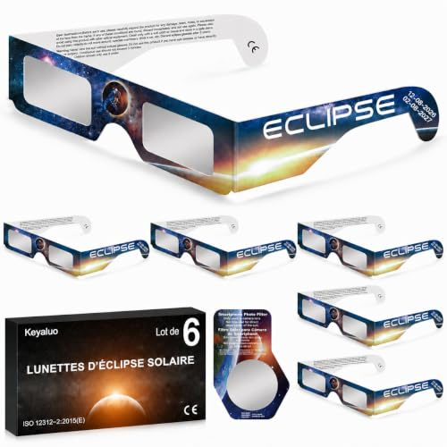 Keyaluo Lunettes eclipse solaire,approuvées AAS 2026, lot de 6 lunettes pour eclipse solaire pour une observation directe du soleil - Certifiées ISO 12312-2:2015(E) & CE