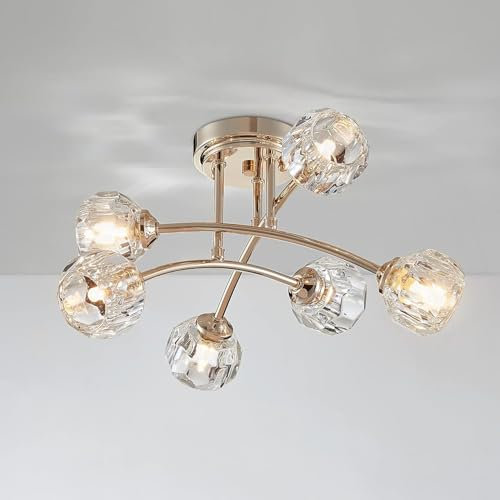 SHRINE LIGHTING Kristall-Kronleuchter, Halb-Einbau-Deckenleuchte für Wohnraum, G9-Basis 6-Lichter, D41 x H25cm, klares Kristall & glänzendes Gold-Finish Metallrahmen