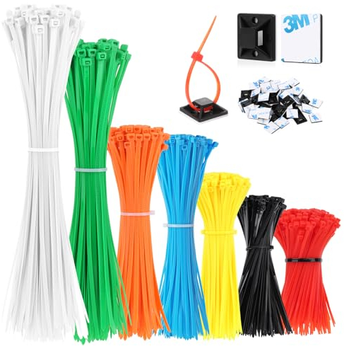 VFANDV Kabelbinder, 1000 Stück Kabelbinder Set Und 50 Klebesockel, 100/150/200/250/300 mm Halter für Kabelbinder in Farbe, Selbsthemmend Kabelbinder für Kabelmanagement, UV Beständig Gartenarbeit