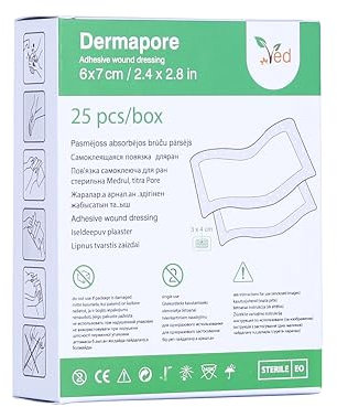 Apósito adhesivo para heridas VED Dermapore: adecuado para cortes y rozaduras, úlceras venosas en las piernas y pequeñas úlceras por presión, mediano, (6 x 7cm (Pack of 25))