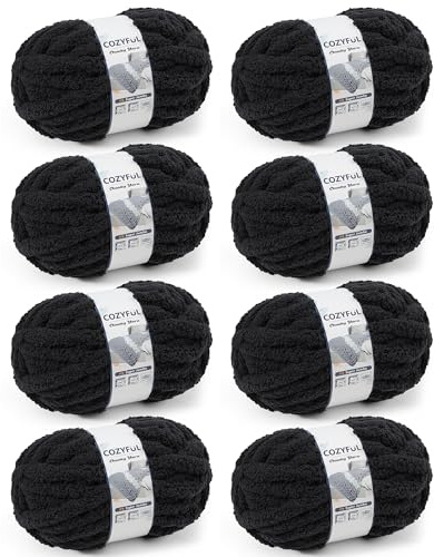 Cozyful Hilo grueso para tejer a mano, hilo grueso #9 para ganchillo, hilos de manta de punto súper grueso, hilos de felpilla gruesos grandes, paquete de 8 (30 yardas 8 onzas cada madeja), color negro