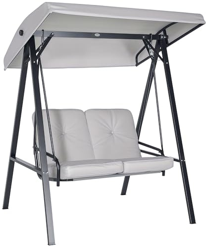 Outsunny Hollywoodschaukel 2-Sitzer Gartenschaukel mit Verstellbarem Dach, Kissen, Schaukelbank bis 220 kg Belastbar, für Garten, Balkon, Grau, 145 x 116 x 172 cm