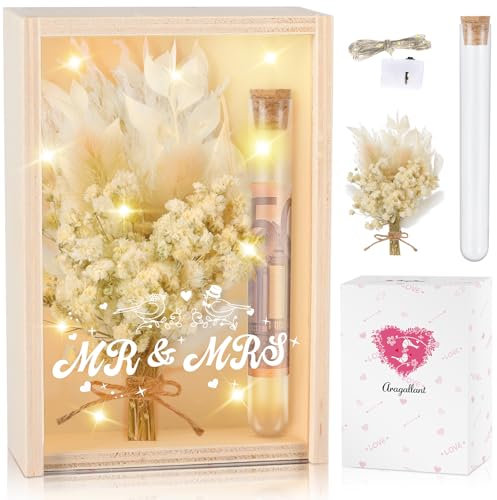 Aragallant Caja Regalo Boda de Madera con Flores Secas – Regalo Creativo para Novios, Aniversario o Fiesta de Bodas